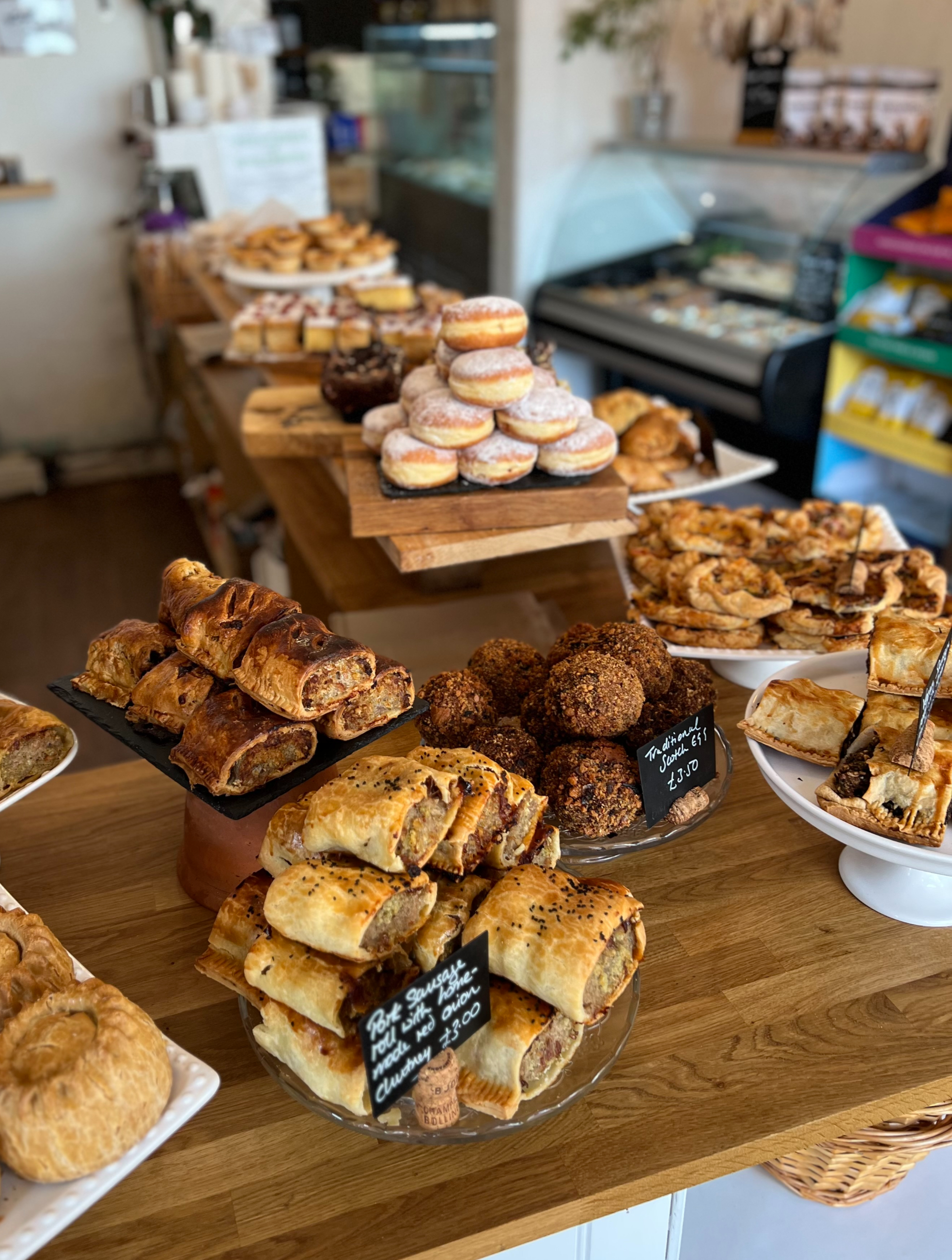 Fresh bakes and savouries laid out at The Larder